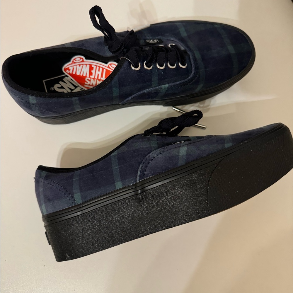25. Vans Women's 8.5/9 Authentic Stacked Velvet Plaid Green Black Platform Shoes